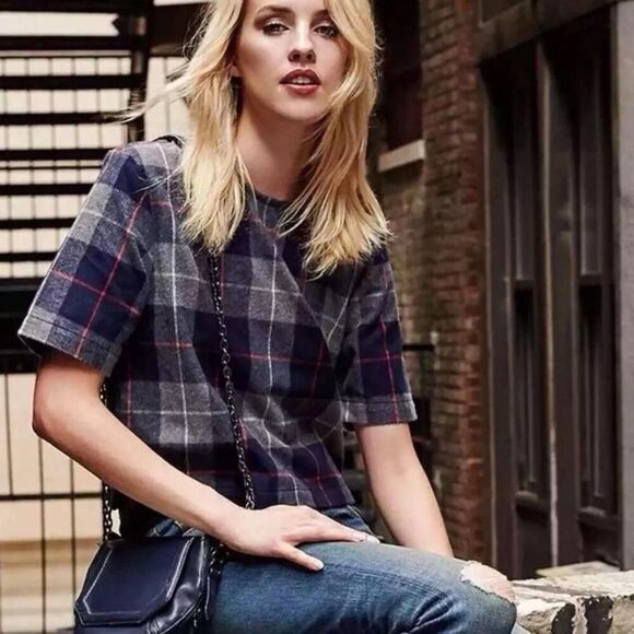 Rag & Bone JEAN Plaid Crop Top S Tartan Short Sleeve Dark Academia Prep Crewneck - Picture 1 of 8